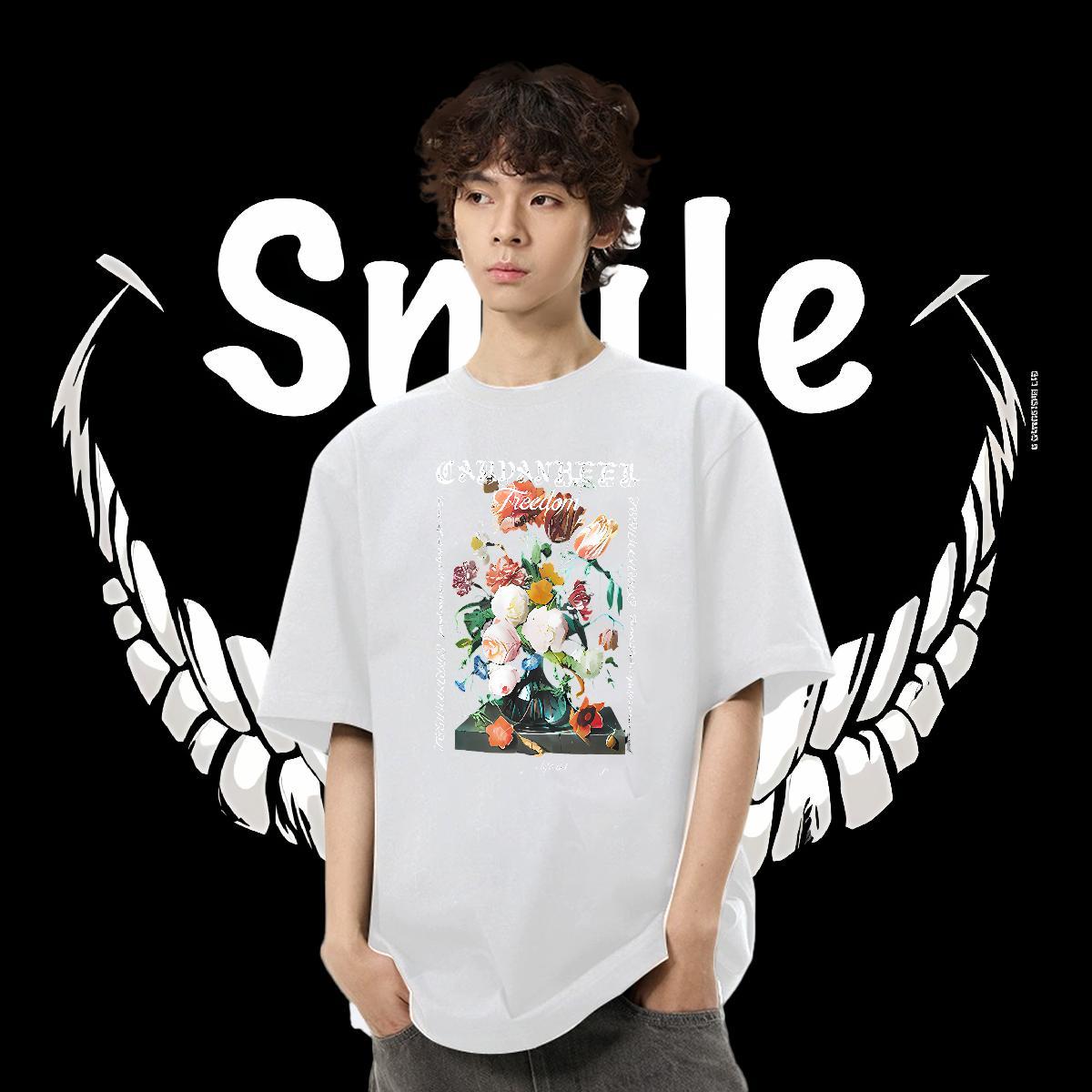 2024 New T-Shirts for Men 230g Cotton flower Hip Hop Street Tees Breathable Short Sleeve High Quality Tshirts Plus Size Cartoon