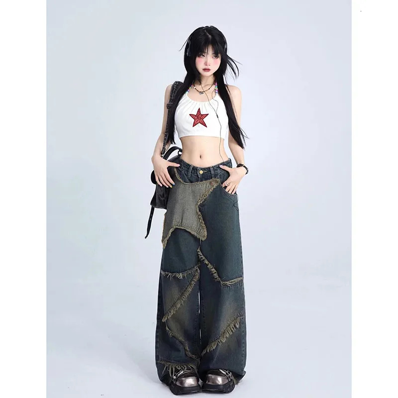 Women Blue Cargo Jeans Baggy Vintage 90s Aesthetic High Waist Cowboy Pants Harajuku Denim Trousers Y2k Trashy Clothes 240806