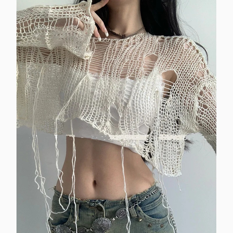 Boho Women Knitted T Shirt Y2k Hollow Out Loose Female Crop Tees Vintage Korean Ripped Long Sleeve All Match Ladies Jumpers 240806