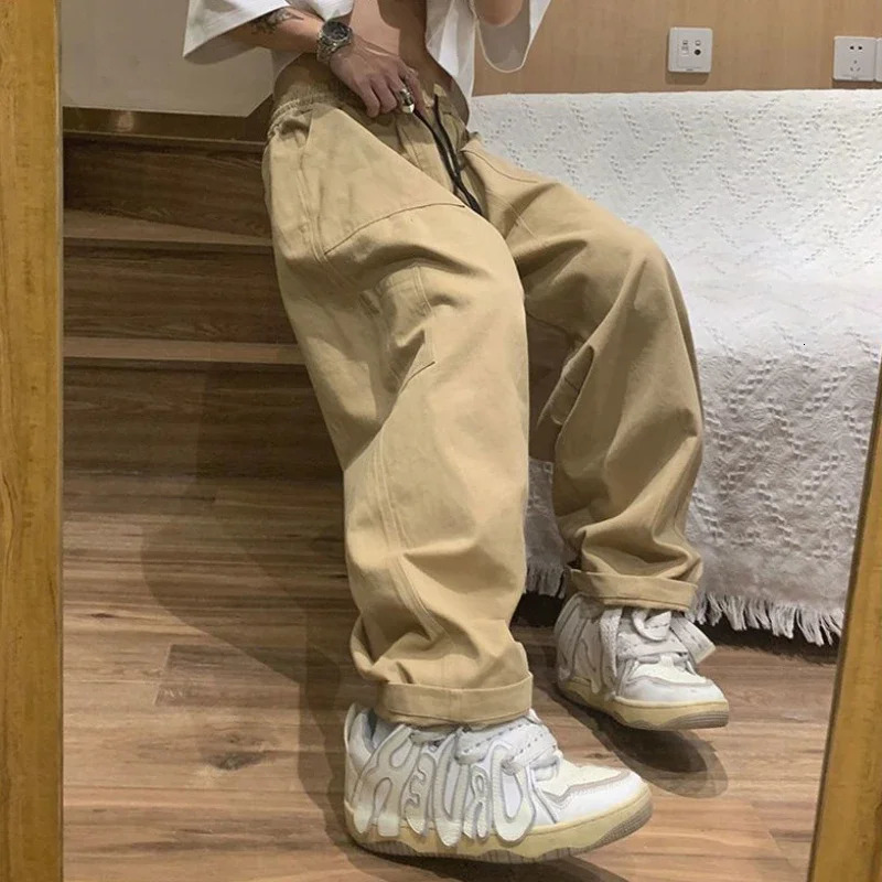 Mens Cargo Pants Khaki Autumn Male Trousers Wide Straight Cotton Nylon Casual Long Korean Style in Y2k Vintage Baggy 240806