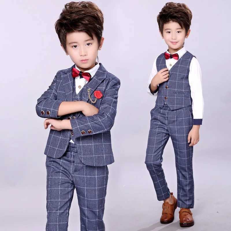 Suits Children Slim And Handsome Costume Jacket Pant Vest Bowtie 3 PCS Flower Boys Wedding Dress Kids Plaid Fashion Show Blazers Suit
