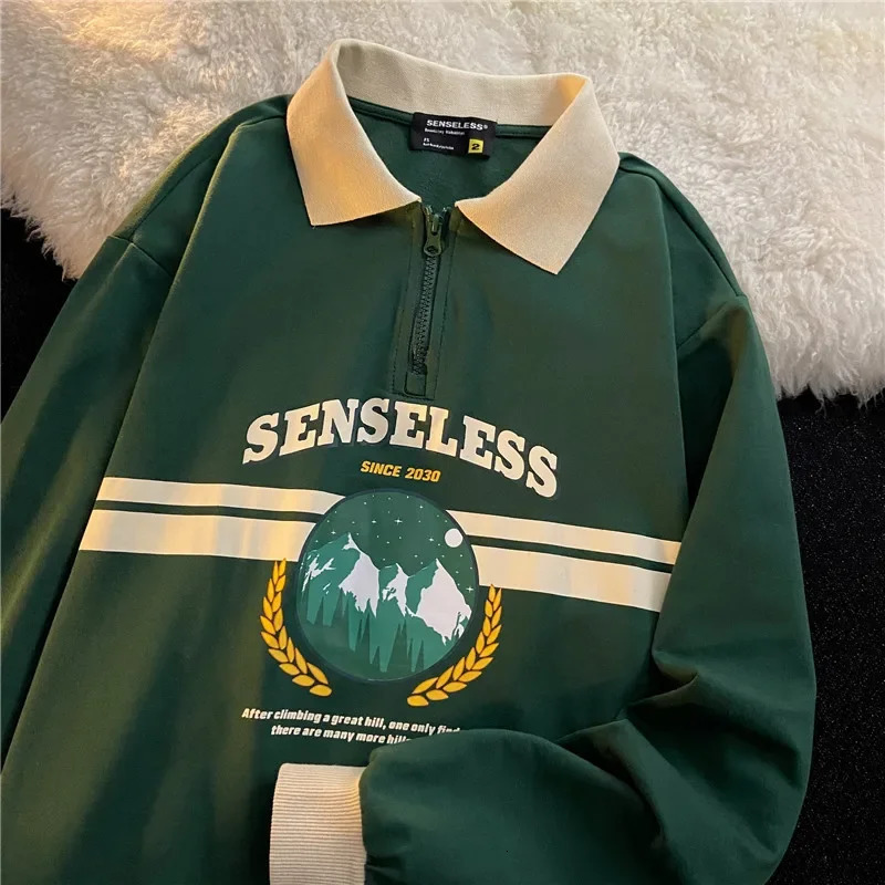 Vintage POLO Collar Letters Print Oversized Sweatshirt Women for Teen Girls Harajuku Spring Korean Kawaii Clothes Pullovers 240806