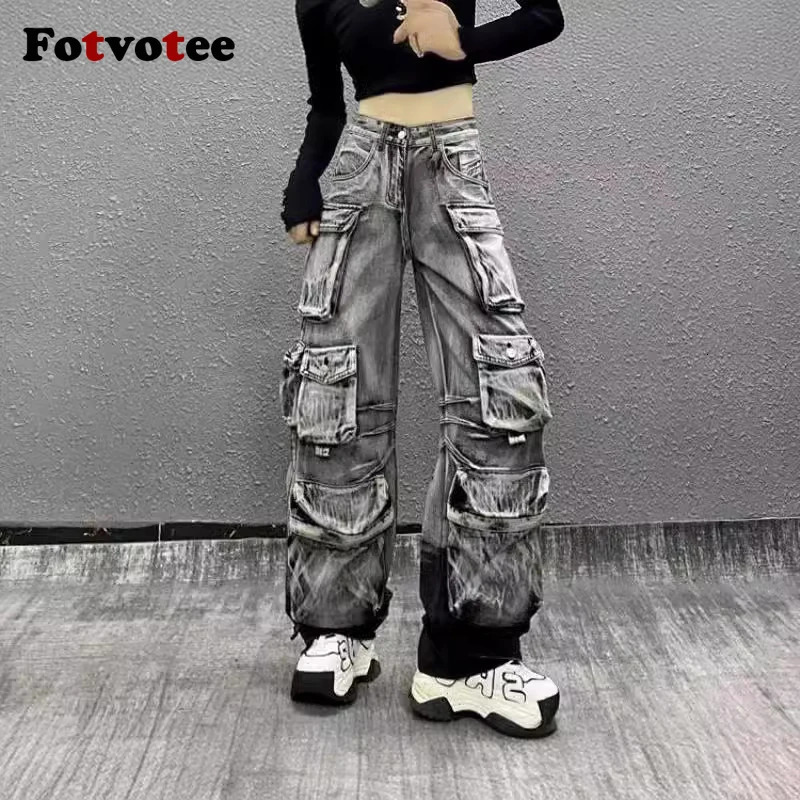 FOTVOTEE Cargo Pants Women Vintage Washed Streetwear Casual Loose Denim Pants Fashion Wide Leg High Waisted Jeans Y2k 240806