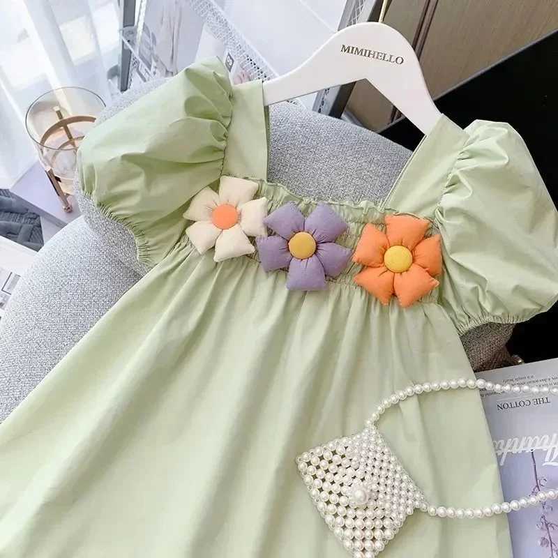 Summer Childrens Clothing Flowers Simple Solid Color Puff Sleeves Baby Girls Dress Thin Preschool Party Princess 0 to 10 Years OldW240720