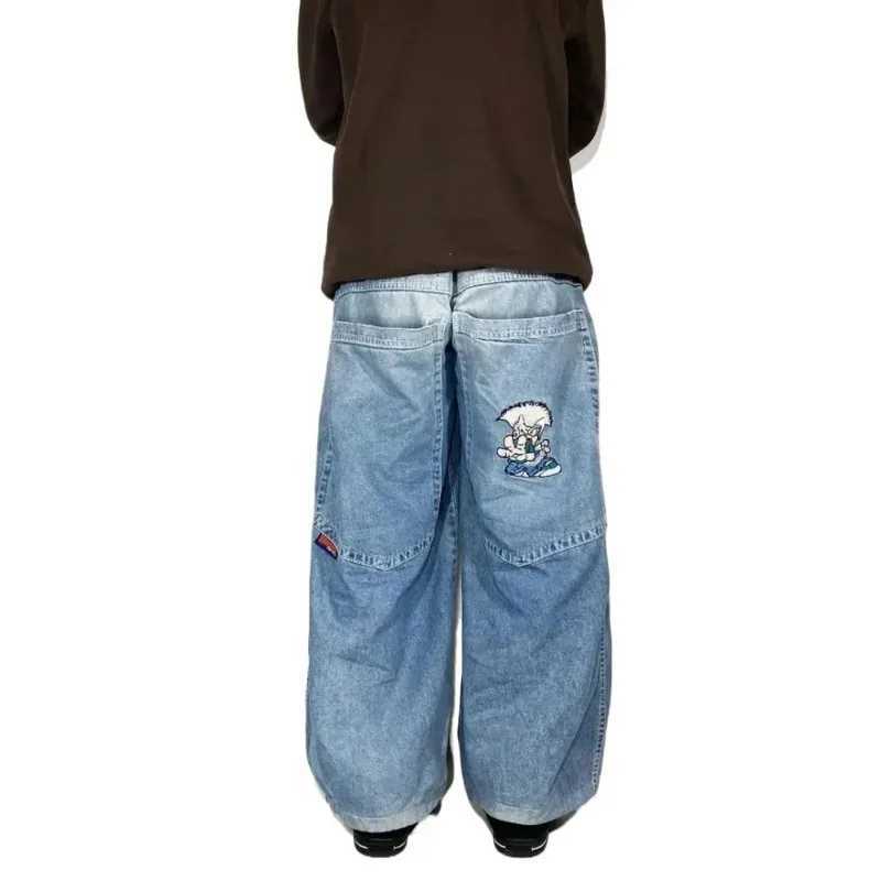 Y2K Street New Cartoon Characters Embroidered Light Blue Washed Loose Jeans Harajuku Gothic Hip Hop Skateboard Pants Mens WomensM240803