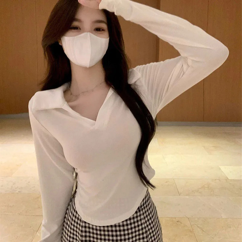 Spring and summer polo neck short sleeved T-shirt white long sleeved slim fit casual shirt womens zipper basic T-shirt 240827