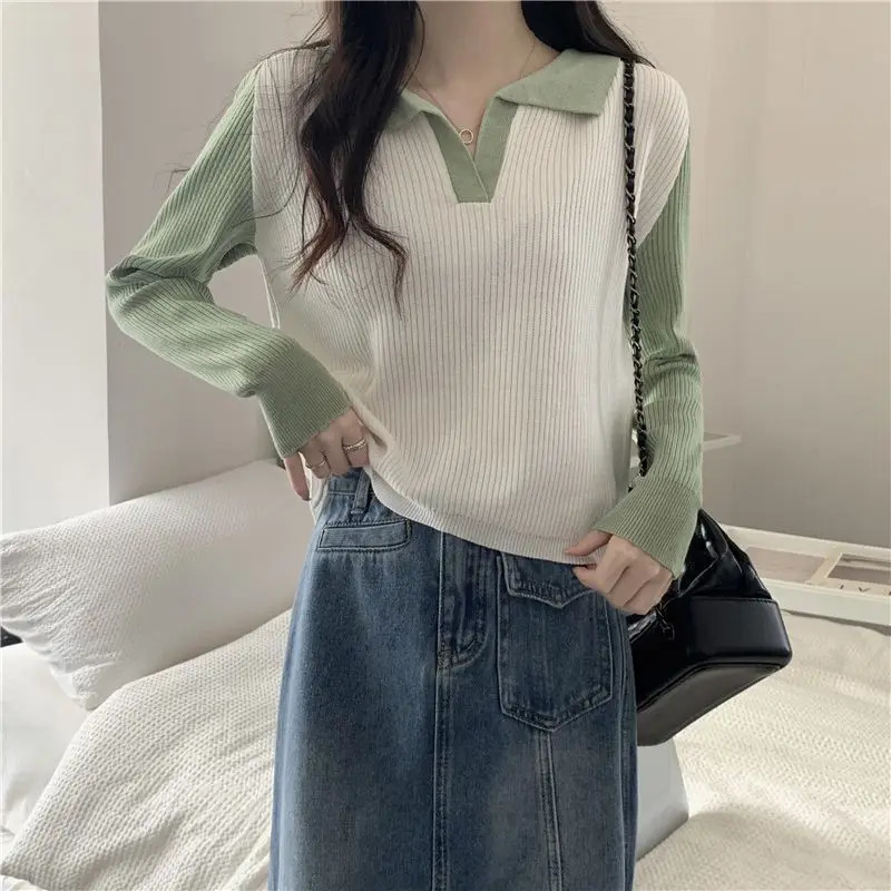 Autumn Womens Pullover Polo Collar Screw Thread Contrast Color Fashion Slim Minimalist Long Sleeved Knitted Sweater 240806