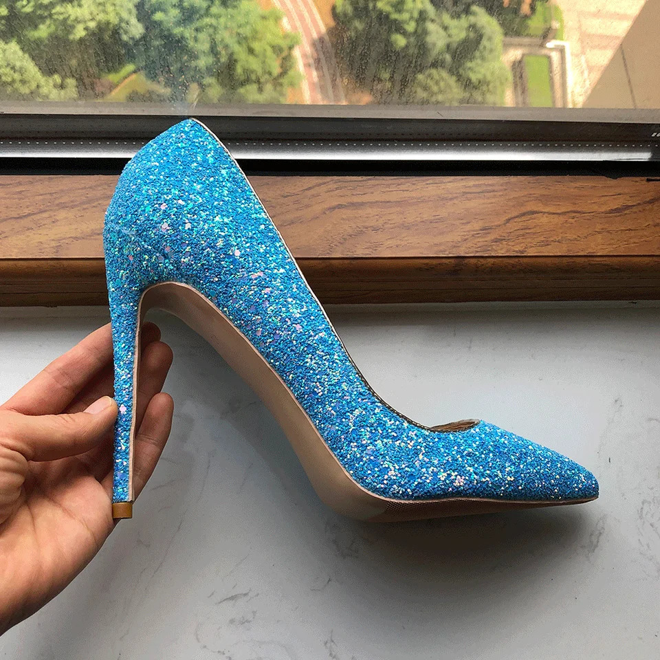 Tikipup Sky Blue Womens Sparkling Glitter Dot Toe Stiletto Pump Sexy Womens Ultra High Heels Wedding Bridal Shoes 240802