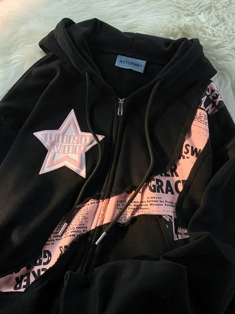 Deeptown Y2K Vintage Zip Up Hoodies Women Harajuku Hip Hop Letter Print Sweatshirts Gothic Streetwear Loose Patchwork Tops Coats 240812
