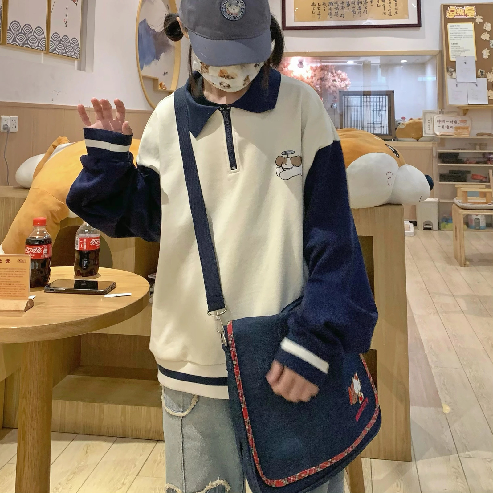 Embroidered puppy polo shirt for women thick velvet oversized sweater autumn Y2K Harajuku warm long sleeved T-shirt for teenagers 240827