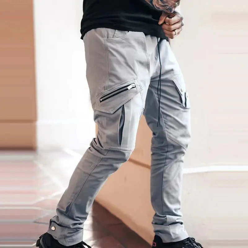 Mens side pocket cargo pants zipper black gray khaki hiphop casual mens jogging Trouser fashion streetwear Pantalones Hombre w240824