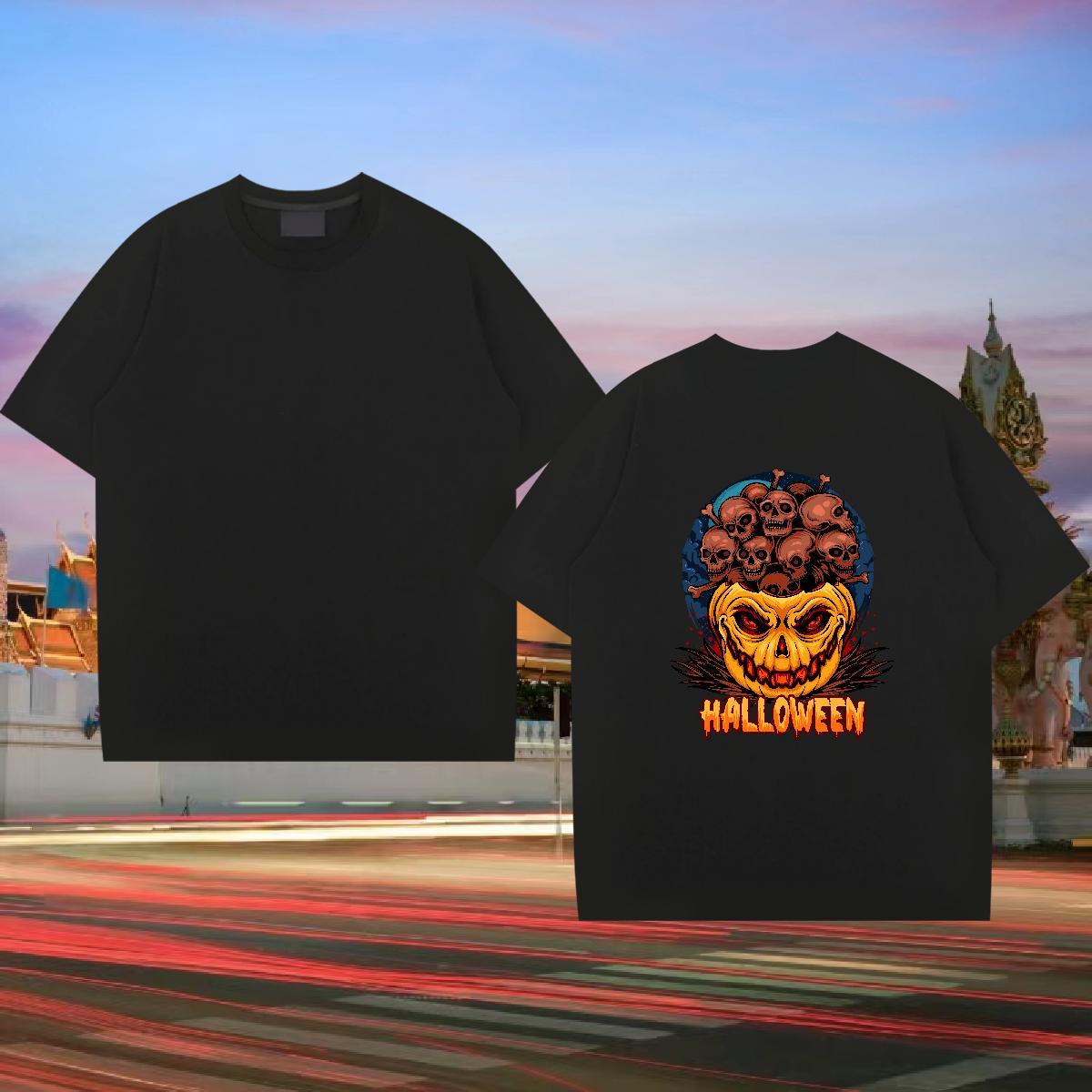 New Men T Shirts 230g Cotton Halloween Spring Summer Tee Shirt Breathable Short Sleeve Unisex Couples T Shirts Black White