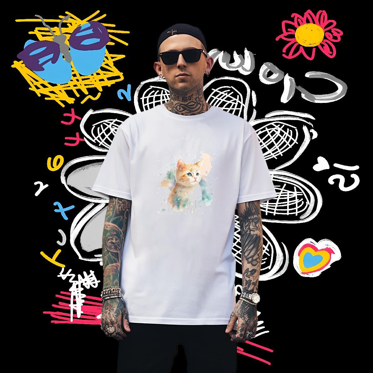 Man T Shirts 230g 100% Cotton cat High Street Hip Hop O-Neck Short Sleeve Custom Printed Mens Tshirts 2024 New Loose Tee Shirt