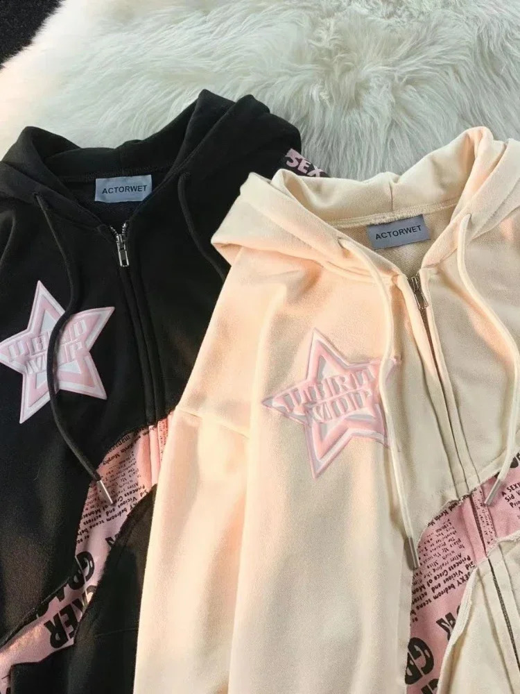 Deeptown Y2K Vintage Zip Up Hoodies Women Harajuku Hip Hop Letter Print Sweatshirts Gothic Streetwear Loose Patchwork Tops Coats 240812