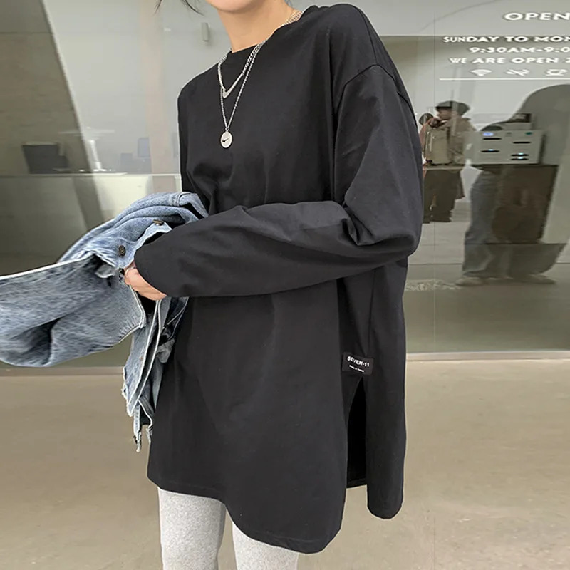 Womens Solid Color Split Long-Sleeved T-Shirt Korean Spring And Autumn Ladies Casual Loose Tops Bottoming White Shirts 240806