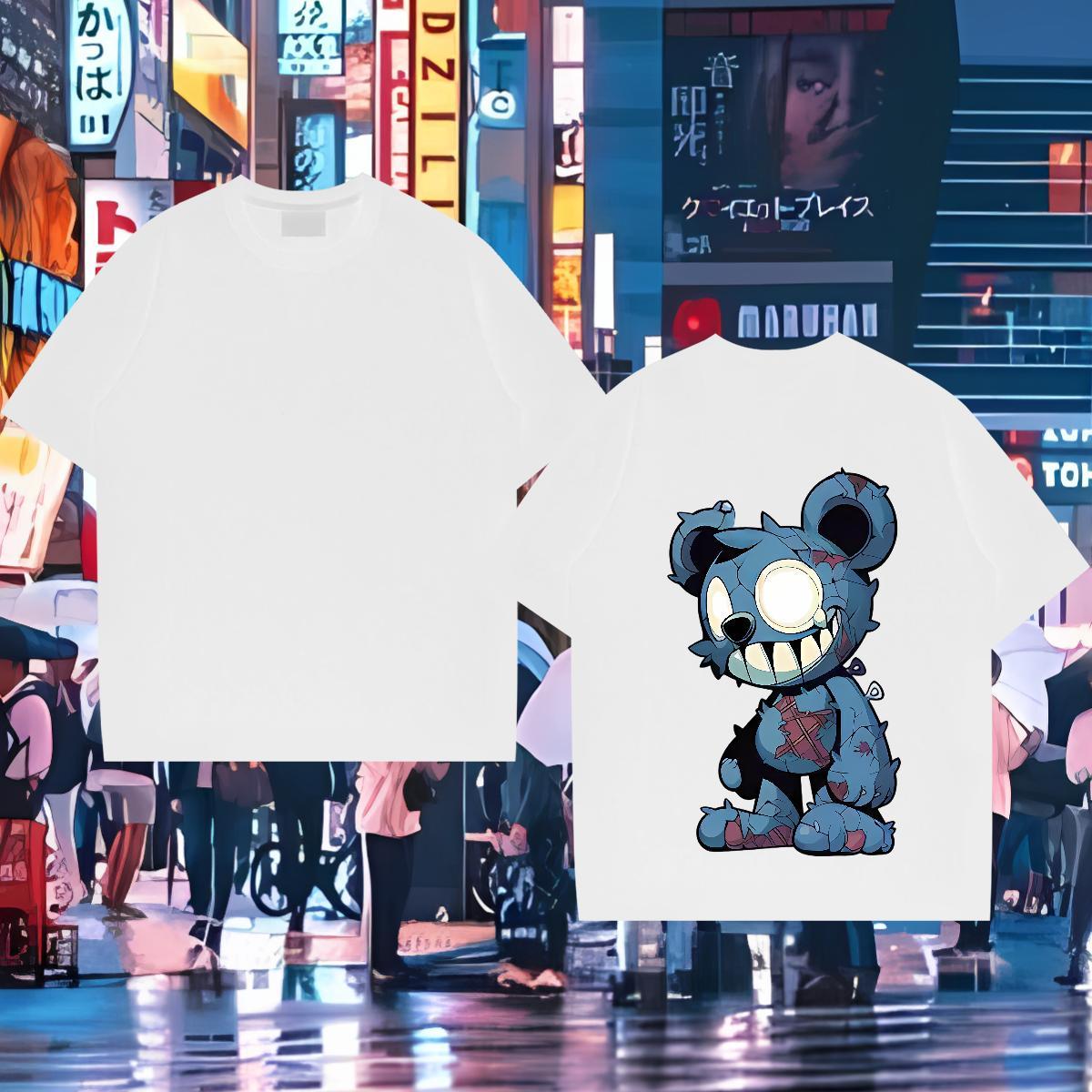 2024 New Mens T Shirts 230g 100% Cotton bear High Street Hip Hop Tees Pure Cotton Loose Men Clothes T-Shirt Floral Print