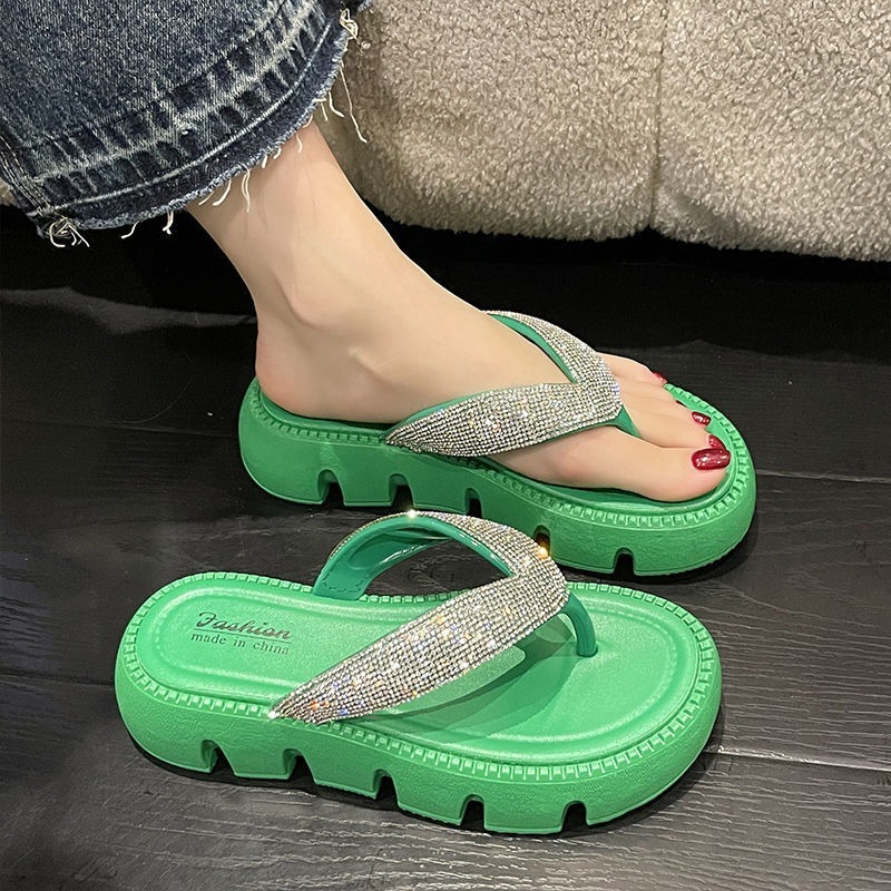 Summer Leisure Beach Slippers Flip Flops Slides Solid Bling Flat Mid Heels Shoes for Women Plus Size