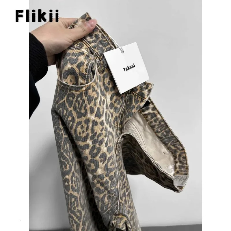 American Retro Leopard High Waist Baggy Jeans Womens Casual Pockets Hip-hop Pants Spring Y2K Oversiz Panther Denim Trouser 240806