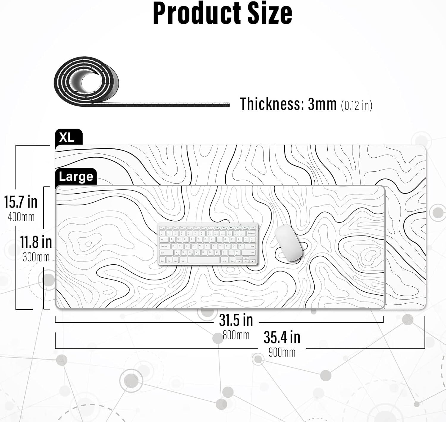 Ovenbird Large Gaming Mouse ed Edges, Minimalist Topographic Map Mat, Extended XL Mousepad with Anti-Slip Base, Cool Desk Pad for Keyboard and Mouse, 