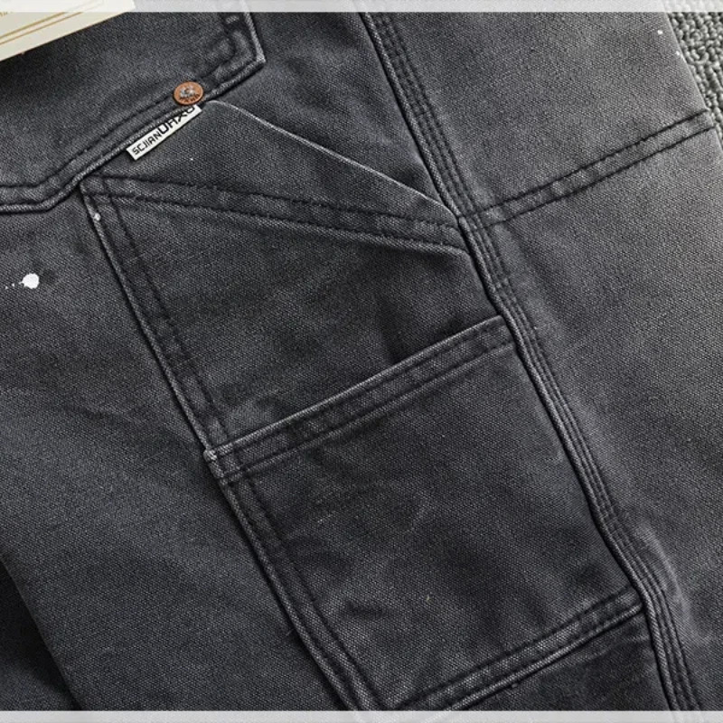 Heavy paint scratch to do old washed overalls men straight leg American casual cloth bump nails retro lumberjack pants 240806
