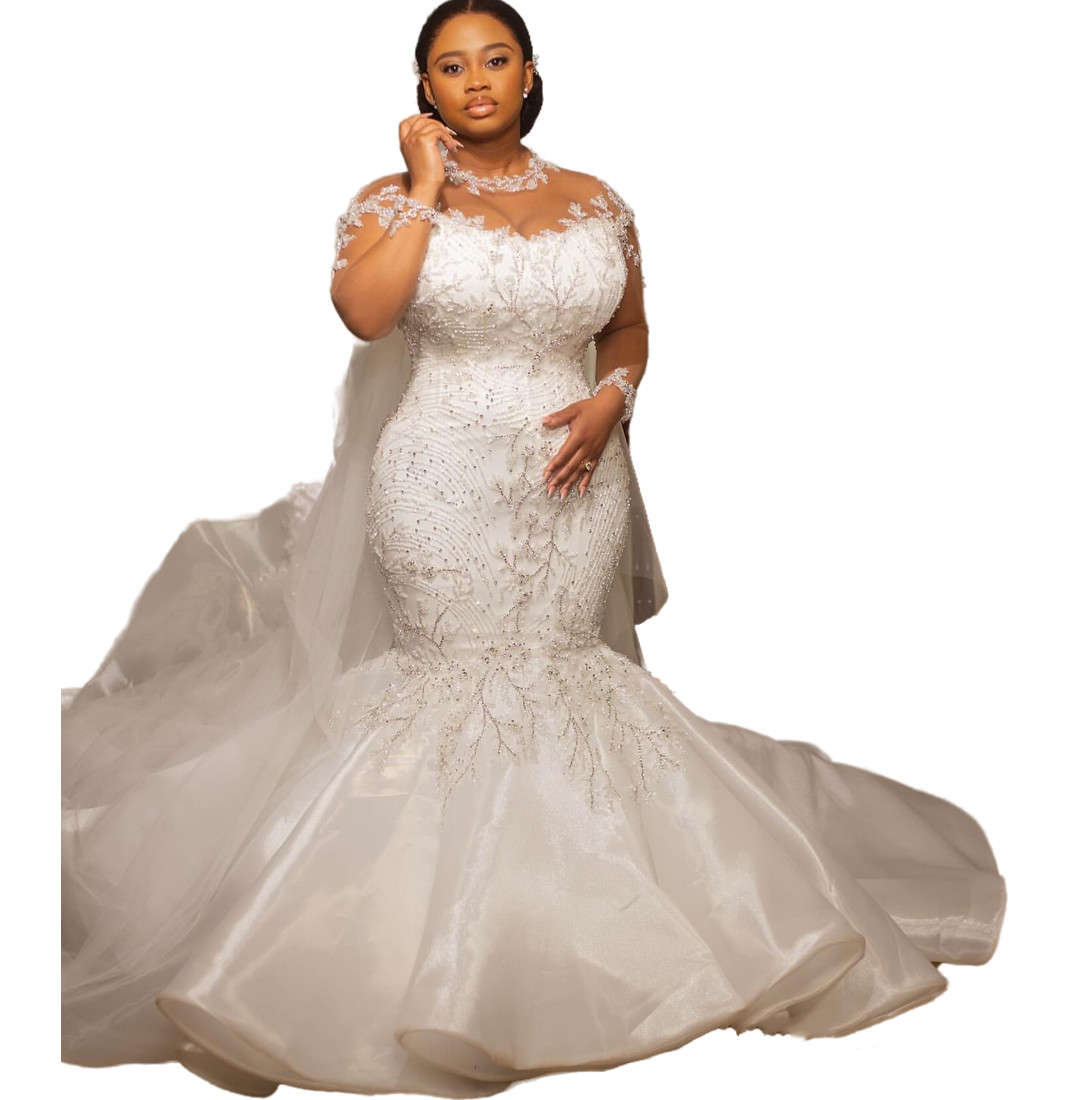 2024 Arabic Aso Ebi Plus Size Ivory Mermaid Wedding Dresses Lacefull Beaded Crystals Full Sleeves Vintage Bridal Gowns Dress ZJ204