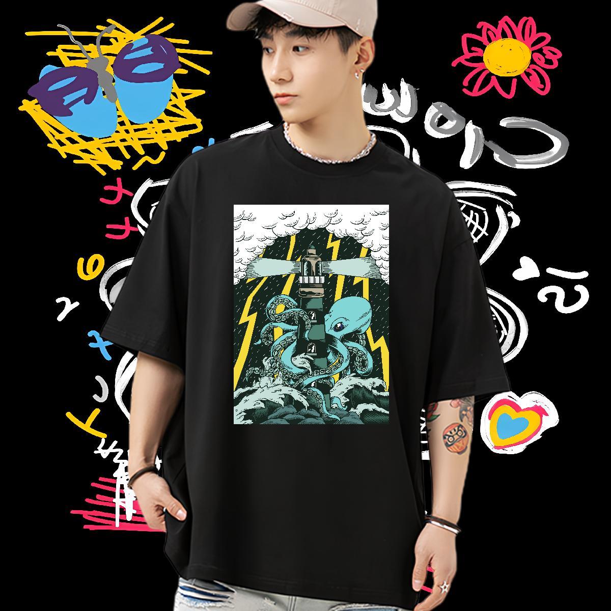 Fashion Design T Shirt For Man 230g Pure Cotton octopus Sports Casual Wear Breathable Crew Neck Unisex Couples T Shirts Skull