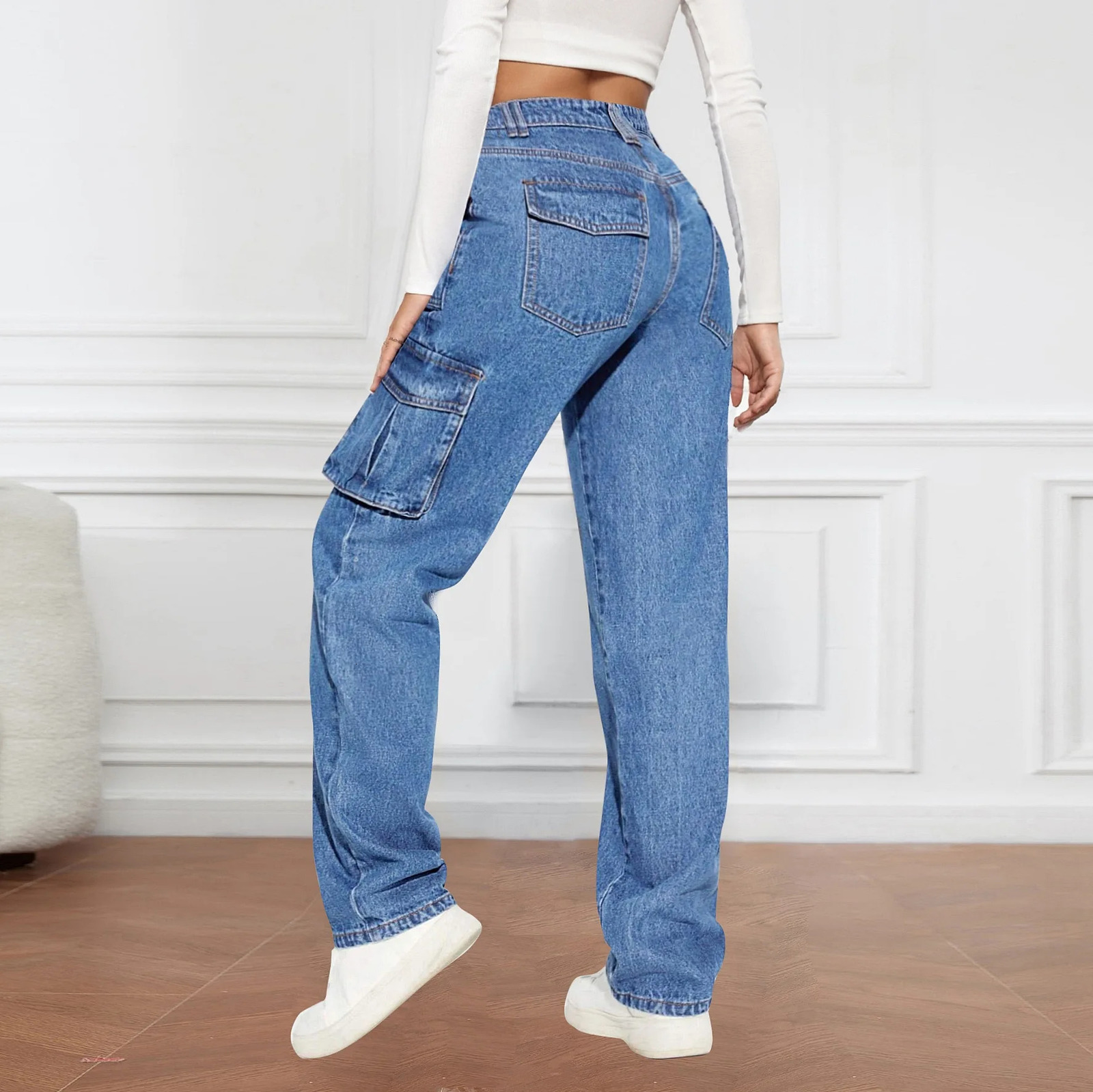 Blue Autumn Cargo Jeans Women High Waist Button Pocket Loose Denim Pants High Quality Fashion Female Cowboy Trousers 240806