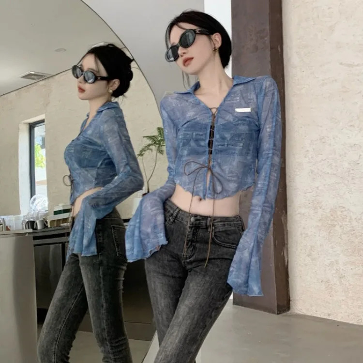 summer slim lace cardigan American retro blue lapel collar top womens Y2k Grunge long sleeved Blusas Mujer 240827