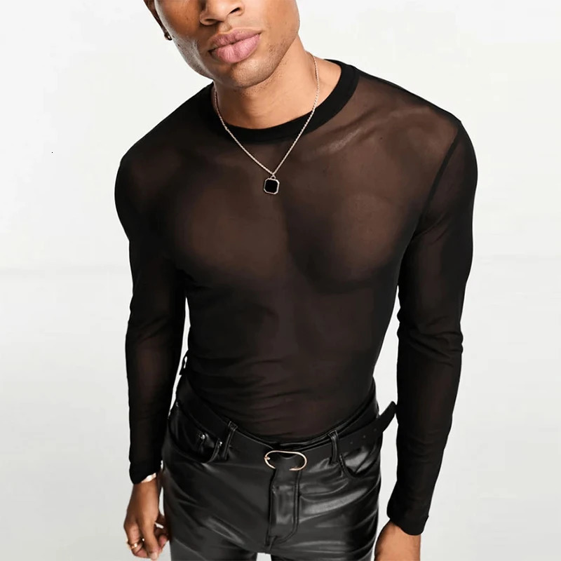 Spring Mens Mesh T-shirts Sexy See Through Thin Tops Party Fashion Men Clothes O Neck Long Sleeve Transparent T Shirt 240806CJ