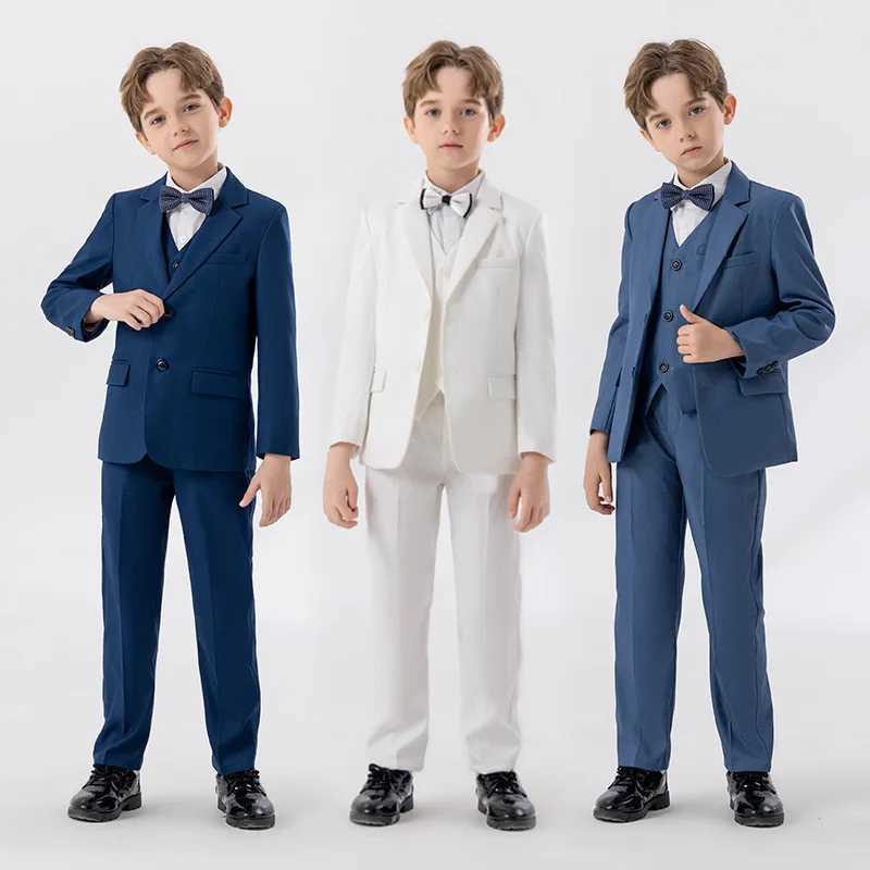 Suits Children White Red Blue Piano Party Dress Kids Jacket Vest Pants Bowtie 4PCS Ceremony Photograph Suit Boys Performance Costume