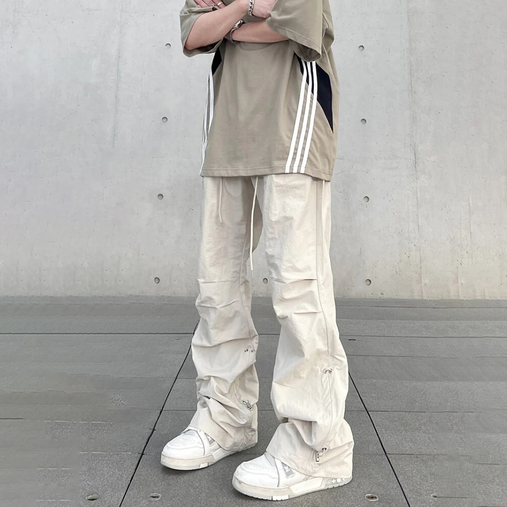 Baggy Cargo Pants Men Y2k Streetwear Bright White Straightleg Autumn Elastic Waist Wide Leg Casual Oversized Stacked Trousers 240806