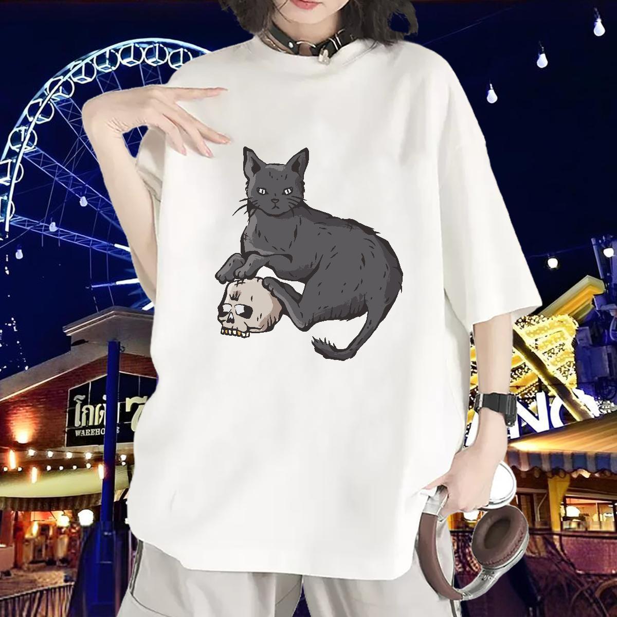 Loose fit T Shirt For Woman O Neck Short Sleeves Tshirt for Man Woman Cartoon Printing L-4XL cat Hip Hop 230g Cotton New Arrival Tees