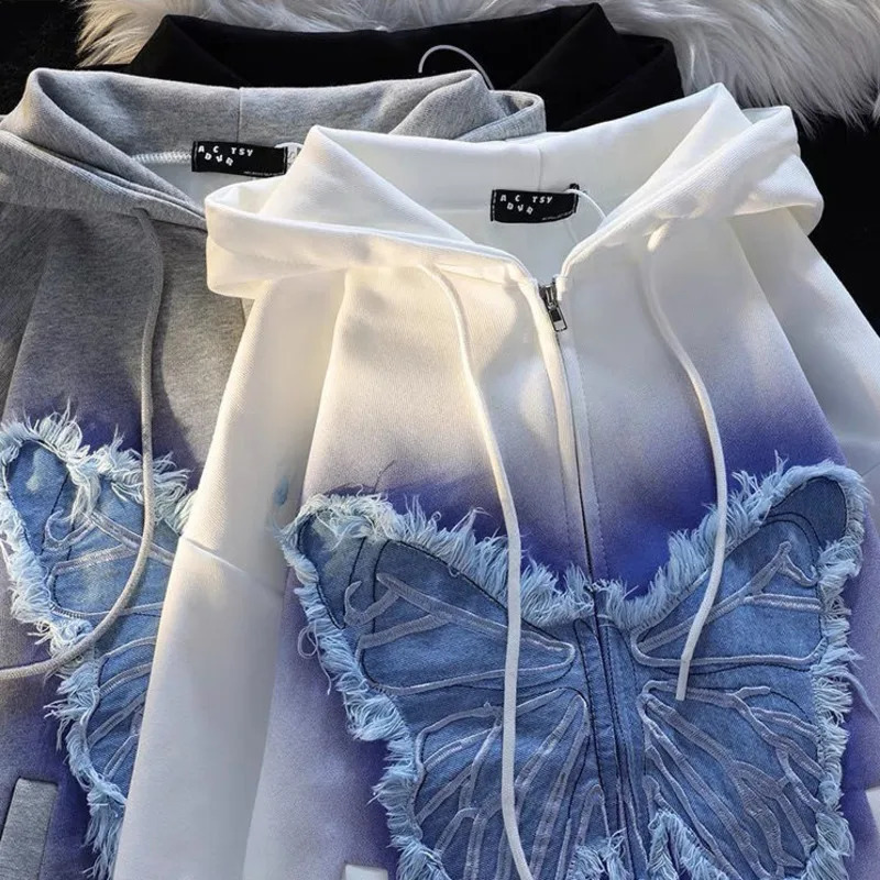 Vintage Denim Butterfly Embroidery Patchwork Tops Women Autumn Loose Long Sleeve Pullovers Y2k Street Hoodies Couple Sweatshirt 240805