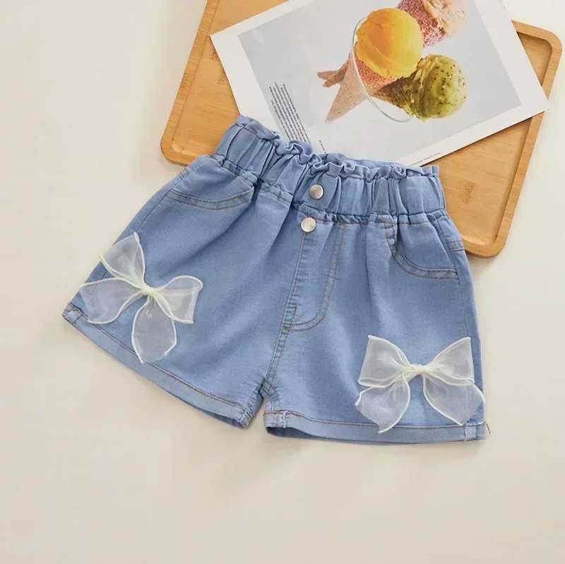 Korean Sle Kids Short Denim Shorts for Girls Fashion Girl Pockets Design Jeans Children Elastic Waist Summer Casua Short Pants W241227