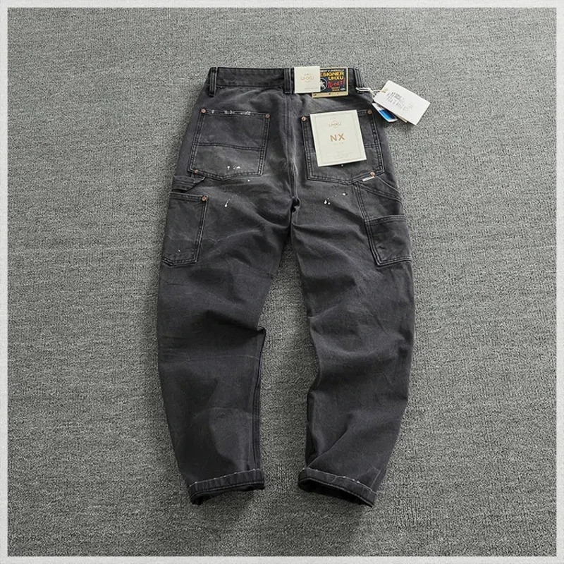 Heavy paint scratch to do old washed overalls men straight leg American casual cloth bump nails retro lumberjack pants 240806