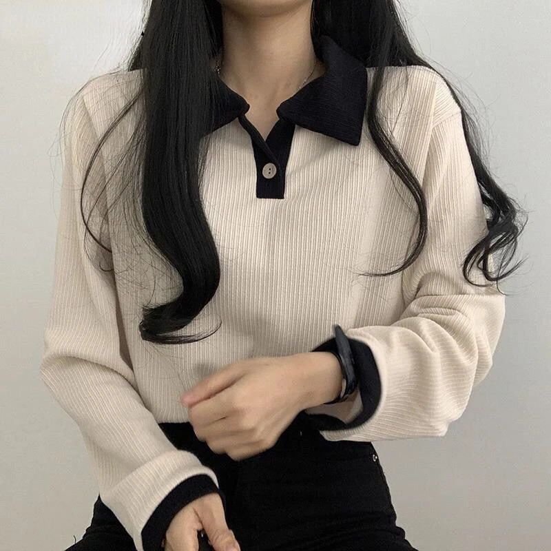 Autumn long sleeved knitted T-shirt Y2k top retro womens sweater fashionable shirt street clothing casual polo neck T-shirt 28401 240827