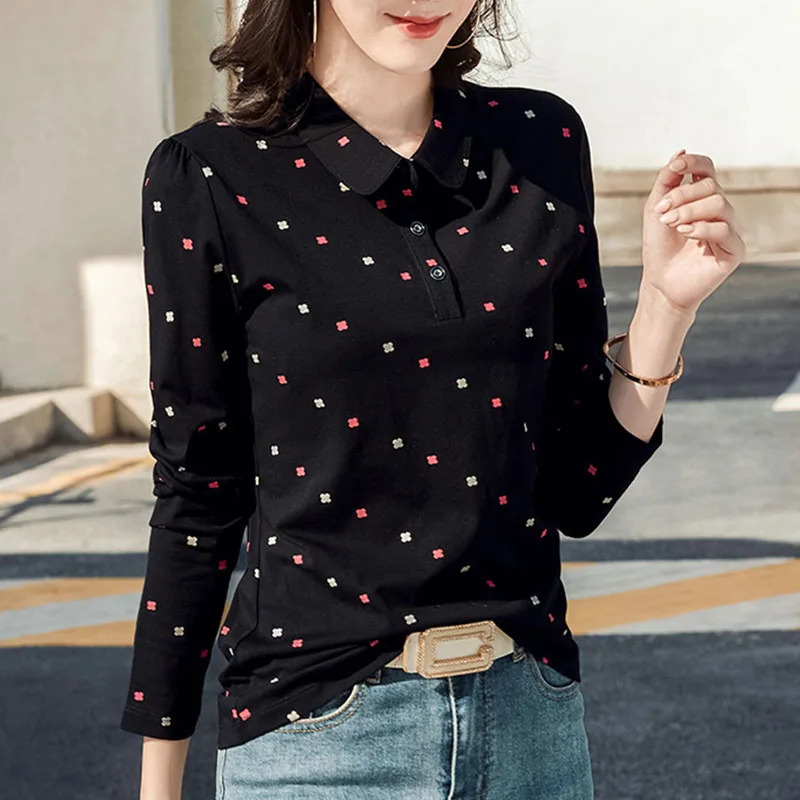 Spring Women Polo Shirts Fashion Printed Female Long Sleeve Turn-down Collar T-shirts Soft Cotton Blouses Ladies Slim Tops 240806