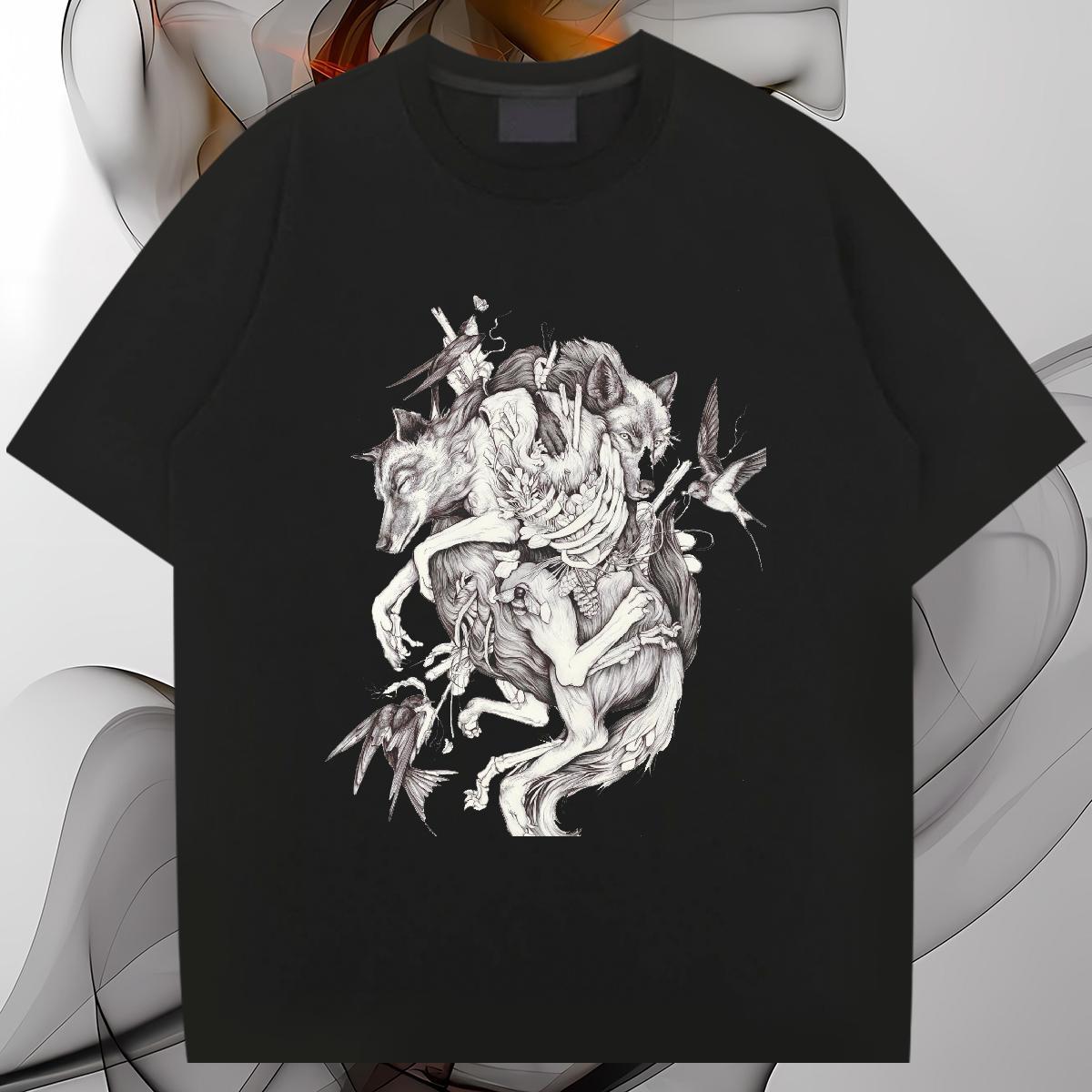 2024 DIY Man T Shirts 230g 100% Cotton wolf Casual Beach Tees Crew Neck Soft Men Tops Tees Floral Print