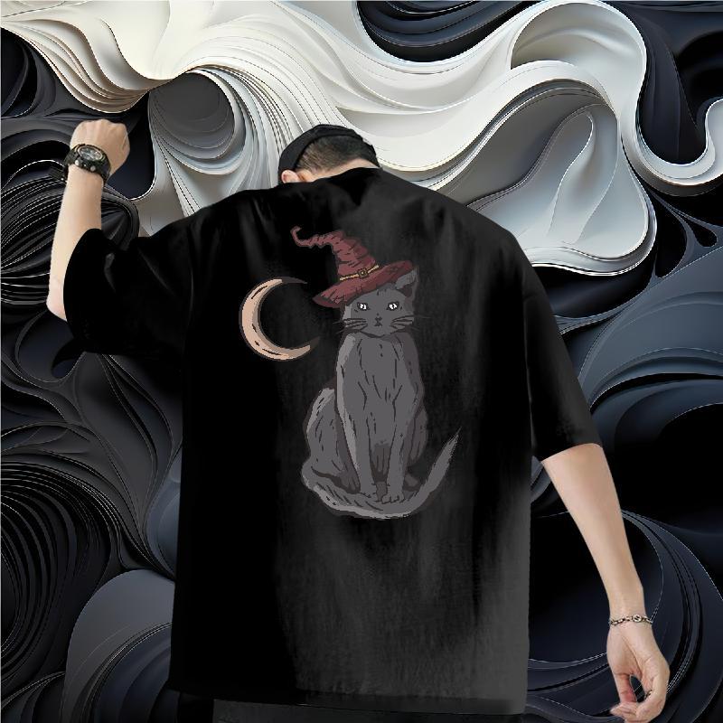 2024 Summer T Shirts Men 230g Cotton cat Summer Casual Wear Breathable Short Sleeve Loose Tshirts Custom Big Size
