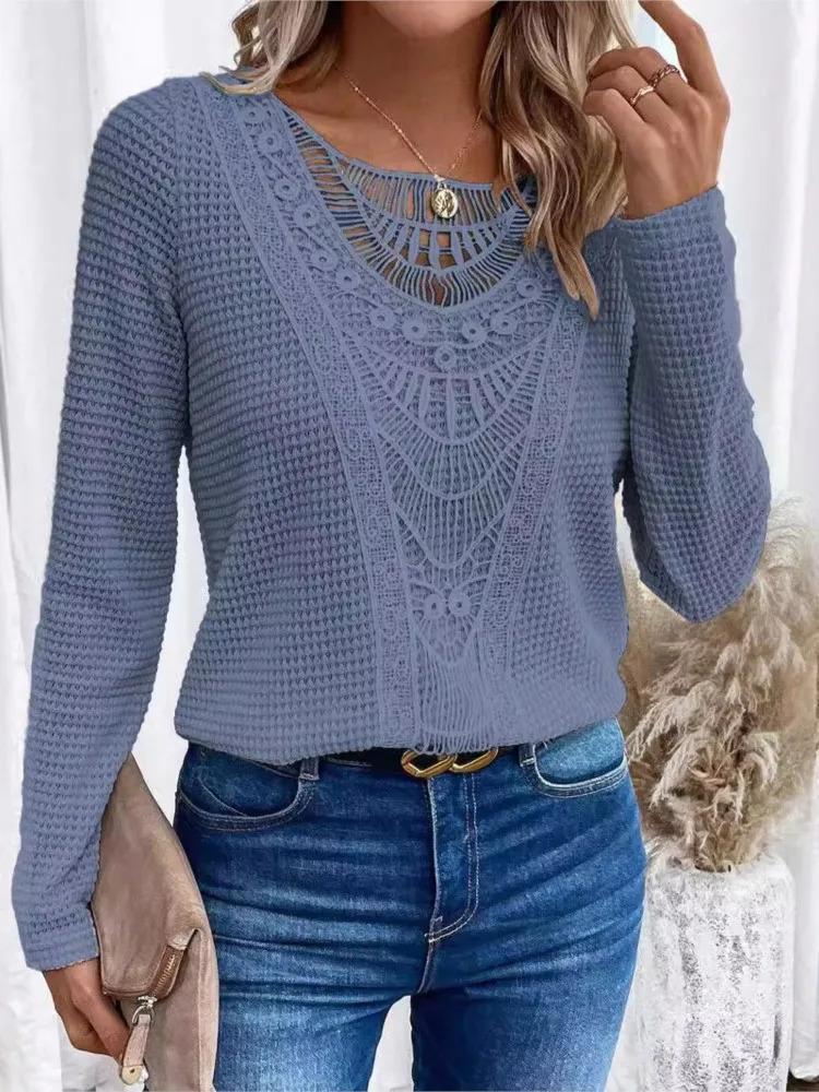 Autumn Winter Knitted Long Sleeved Womens T-shirt Casual Loose Mesh Stitching Fashion Solid ColorFemale Office Knitted Top 240806