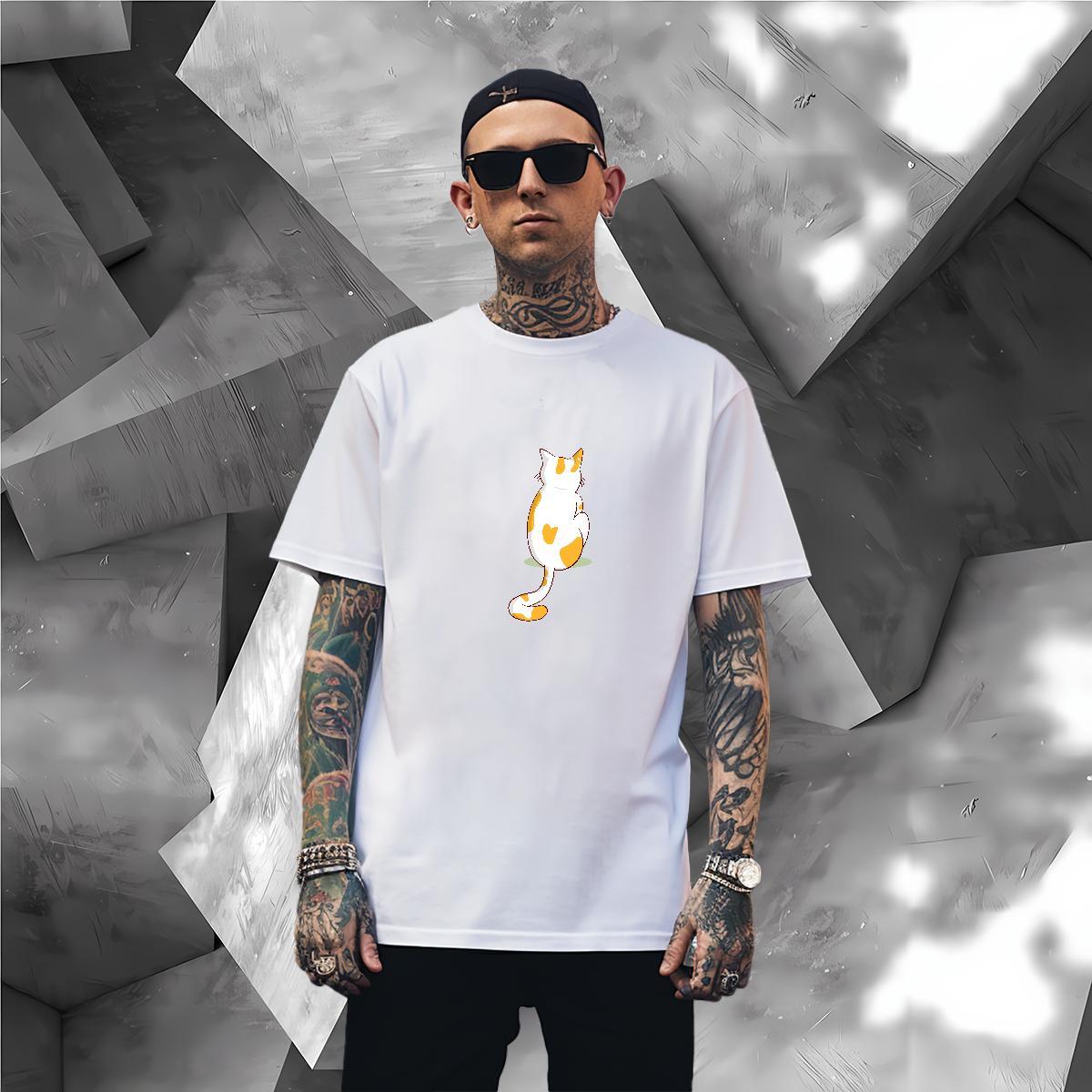 T Shirt For Man 230g Cotton cat Daily Outfit Breathable Crew Neck Cartoon Print Men Clothes T-Shirt Factory Direct Comfortable Tops