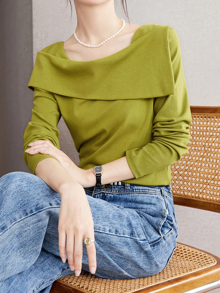 Autumn French Square Neck Tops Temperament Versatile Long Sleeved T-shirt Women Sexy Solid Color Slim Fit Top 240806