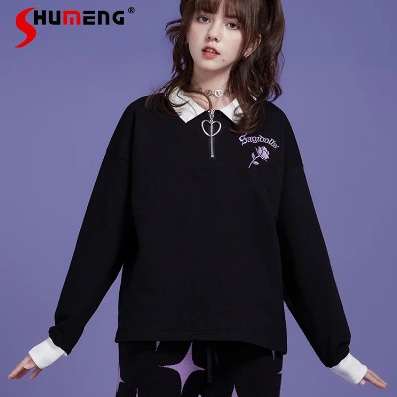 Black Sweet Cool Rose Loose Embroidered Long Sleeve Polo Loose Casual Cute T-shirt Autumn Top Tshirt Y2k Clothes Accessories 240806