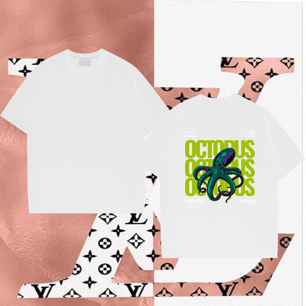 2024 New T-Shirts for Men 100% Cotton 230g octopus Casual Tees Crew Neck Soft Men Tshirts DIY Printed