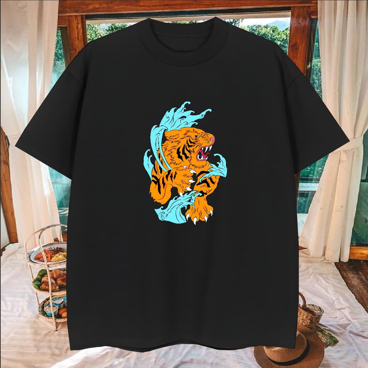DIY Men T Shirts 100% Cotton 230g tiger Casual Beach Tops Shirt Round Neck Short Sleeve Free Shipping Men Tees Oversized