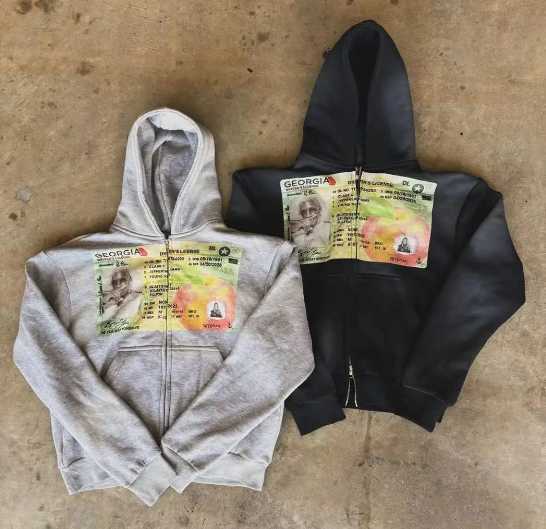 American retro couple hooded sweatshirt long-sleeved casual Y2K personalized printed zipper hooded top for street wear 240815