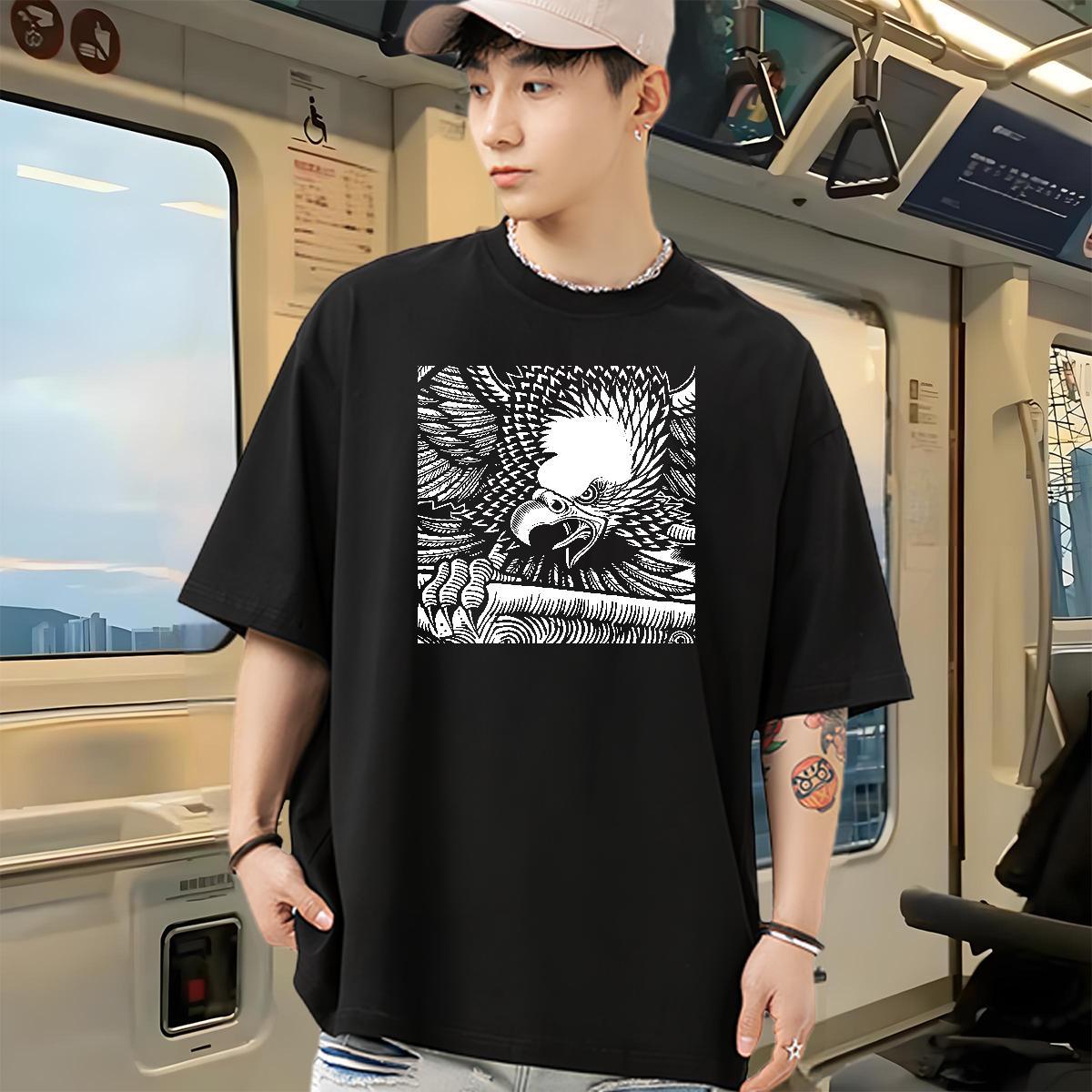 Fashion New T-Shirts for Men 230g 100% Cotton eagle Anime Printing Street Tops Crew Neck Breathable Free Shipping Men Tops Tees White Plus Size