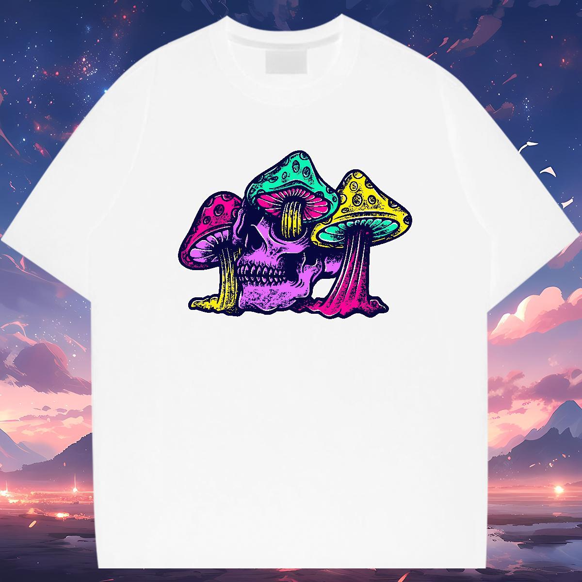 Casual New T Shirts Men 100% Cotton 230g mushroom Anime Printing Street Tops Shirt O-Neck Short Sleeve Classic Couples T Shirts DIY Anime