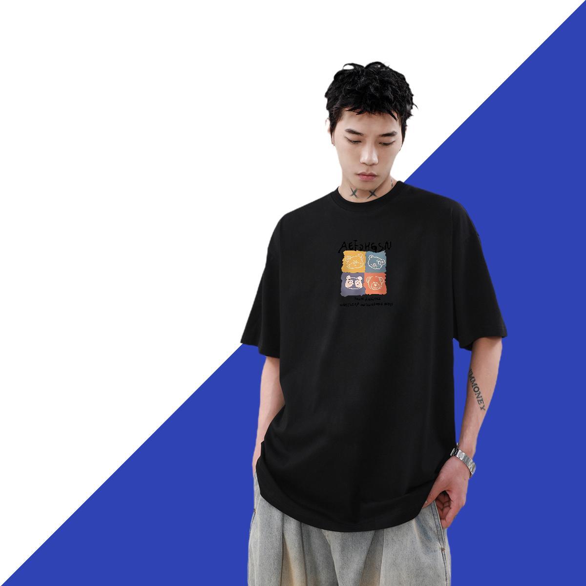 Classic Men Tshirts 230g Cotton Outdoor bear Cartoon Printing L-4XL O Neck Short Sleeves 2024 Summer Man T Shirts Top Tees