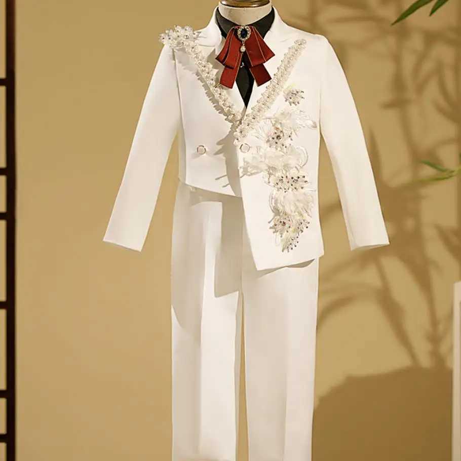 Suits 2024 New Childrens Host Performance Suit Beads Design Kids Wedding Birthday Party Evening Gown Boys Catwalk Blazer Sets A3382